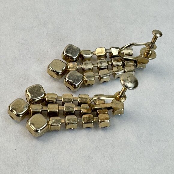 VTG Aurora Borealis Rhinestone Dangle Screw Back Earrings Gold Tone Multi-Row - Picture 2 of 8